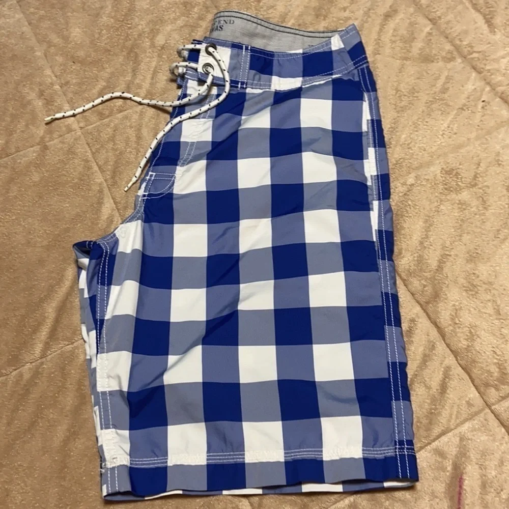 Lands End canvas blue white checkered board shorts